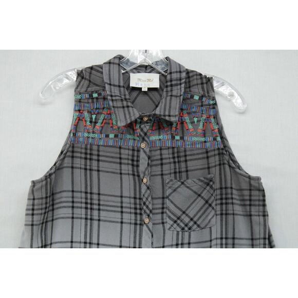 Miss Me Shirt Dress Medium Gray Embroidered Ombre Boho Flannel High Low Tunic - Picture 4 of 7